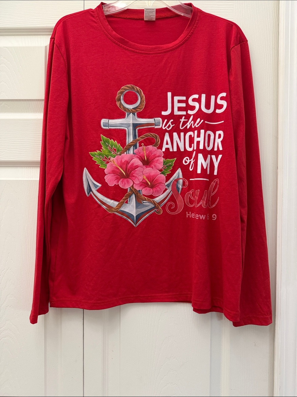 Red Long Sleeve Tee with Christian Quote - Jesus is the Anchor of my Soul